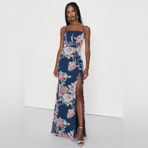Lulus Feeling Elegant Dark Blue Floral Print Lace Up Slit Maxi Dress Small - Picture 1 of 11
